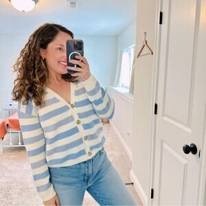 Talbots Blue White Striped Cardigan Sweater Medium